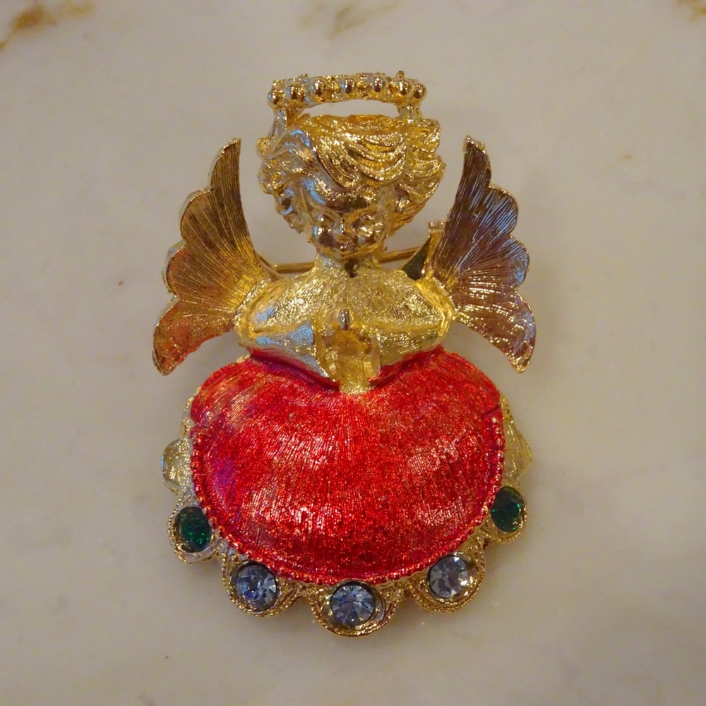 Collectible Gold Plated Angel Pin Colorful Bejeweled Rhinestone Brooch :)